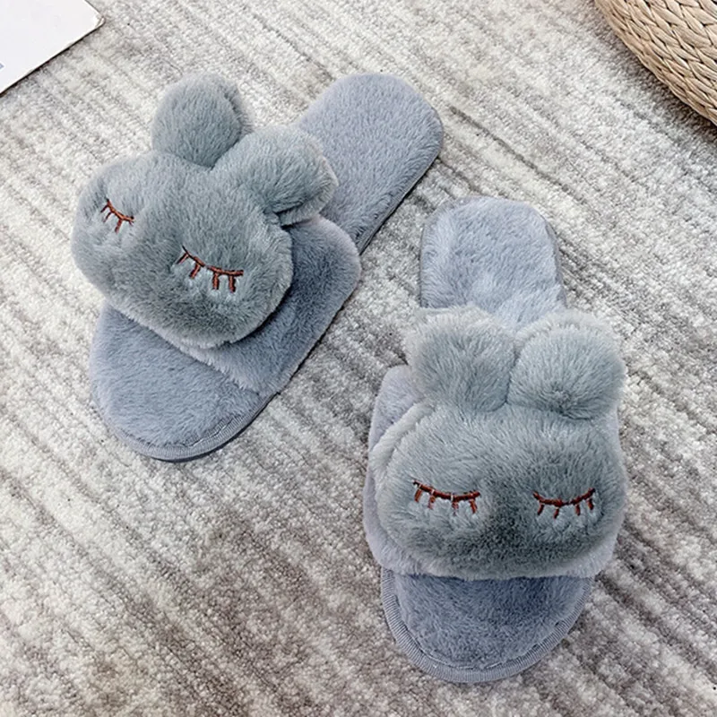 

Симпатичные женские тапочки с мультяшным Кроликом, зимняя теплая пушистая обувь для маленькой девочки, мягкие плюшевые сланцы, домашние хлопковые тапочки