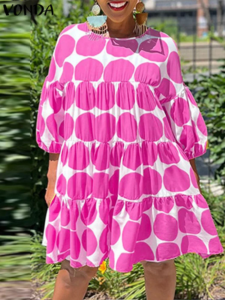 

Plus Size 5XL VONDA Summer Dress Women Bohemian Dot Point Mini Sundress Casual 3/4 Lantern Sleeve Sexy Loose Ruffled Party Robe