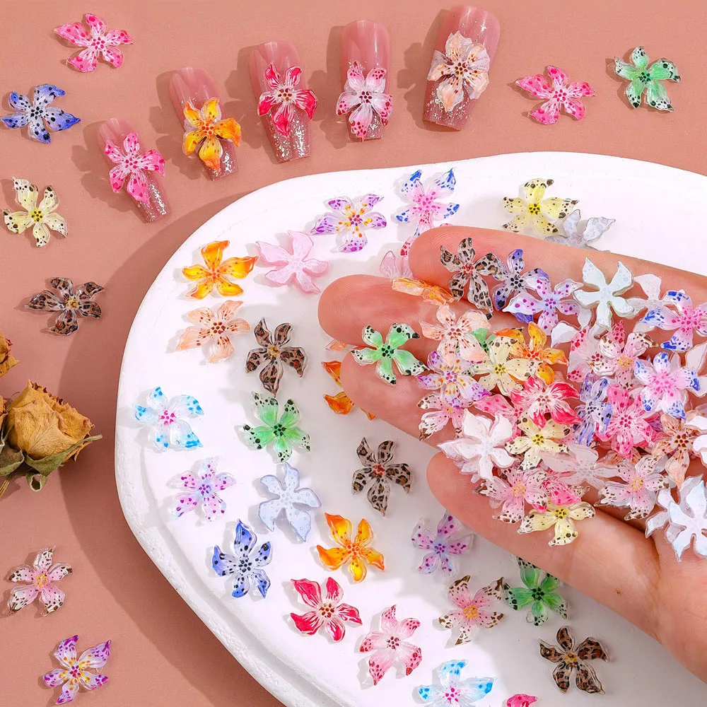 100pcs Mixed Jelly hibiscus&Leopard Lily Flower nail charms 3D Resin Peach blossom five petal flower design DIY Spring nail deco 27 Sc18698c9c107427bb36610b384f905c58