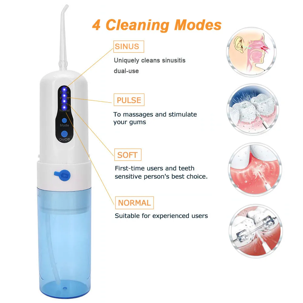 

Oral Irrigator USB Rechargeable Water Flosser Portable Dental Water Jet 200ML 4 Modes Water Tank Waterproof Teeth Cleaner +4 Jet