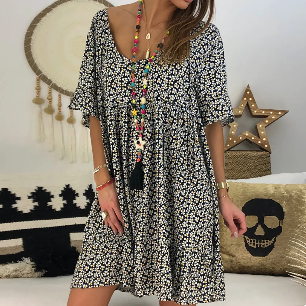 

Women's Ladies Sexy Loose Print Hlaf Sleeve Ruffles Mini Dress Summer Dress Flared Sleeves Plus Size Round Neck Floral Dresses