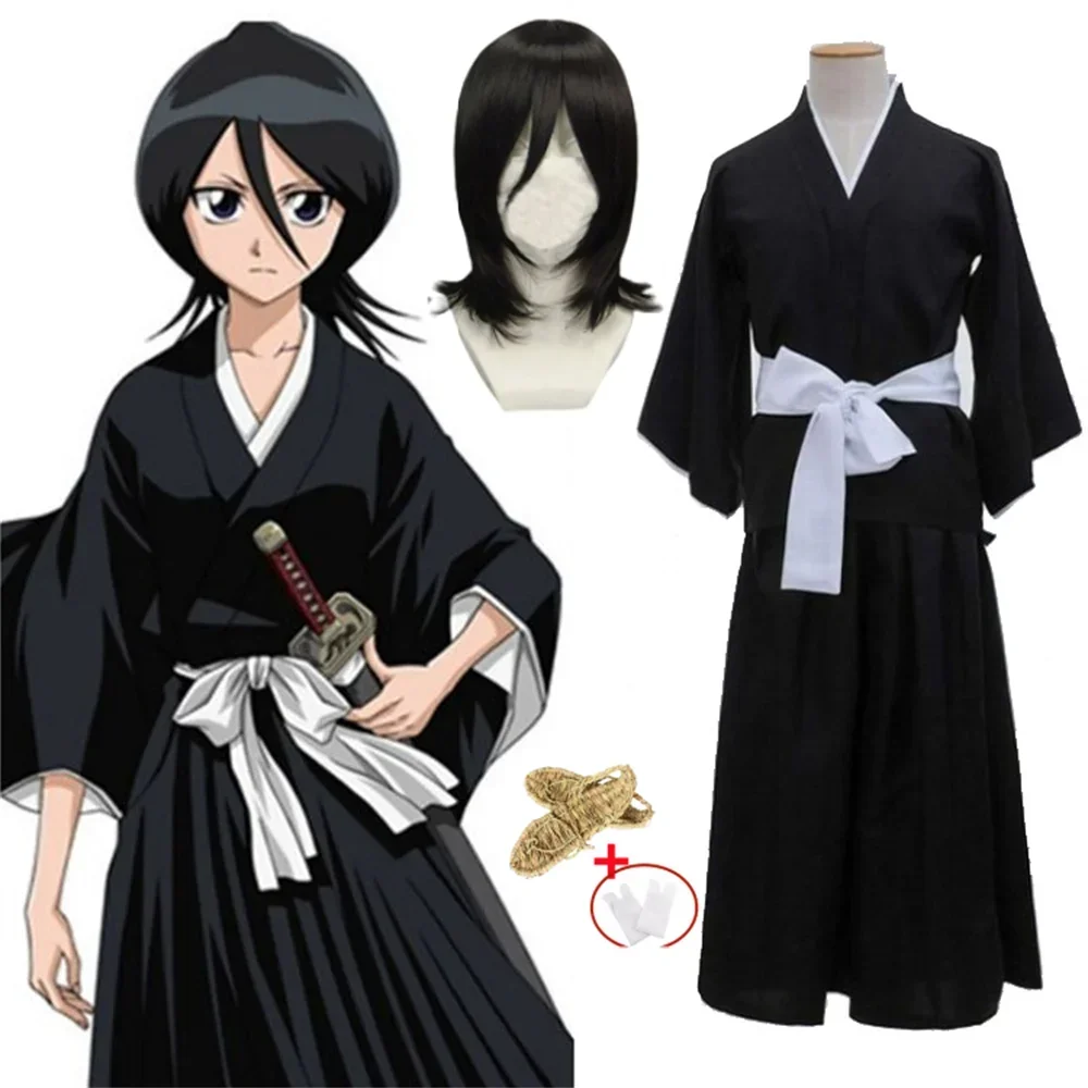 

Anime Bleach Kuchiki Rukia Shinigami Cosplay Costume Wig Shoes Set Halloween For Woman Men Clothes