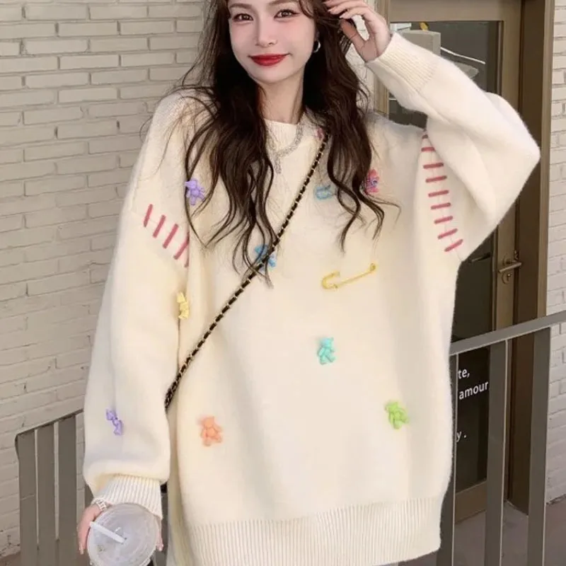 

Sweet Gentle Soft Waxy Pullover Sweater Women's Outer Wear Autumn Winter New Loose Warm Three-Dimensional Bear Knitwear Tops