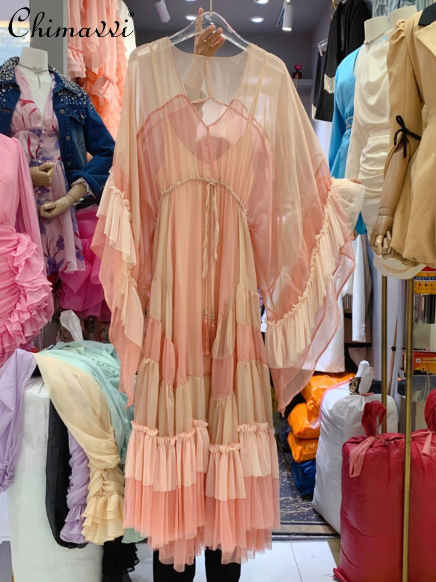 

Vacation Style French See-through Batwing Sleeve Large Swing Dress Women 2024 Spring Clothes New Fashion Chiffon Long Dresses