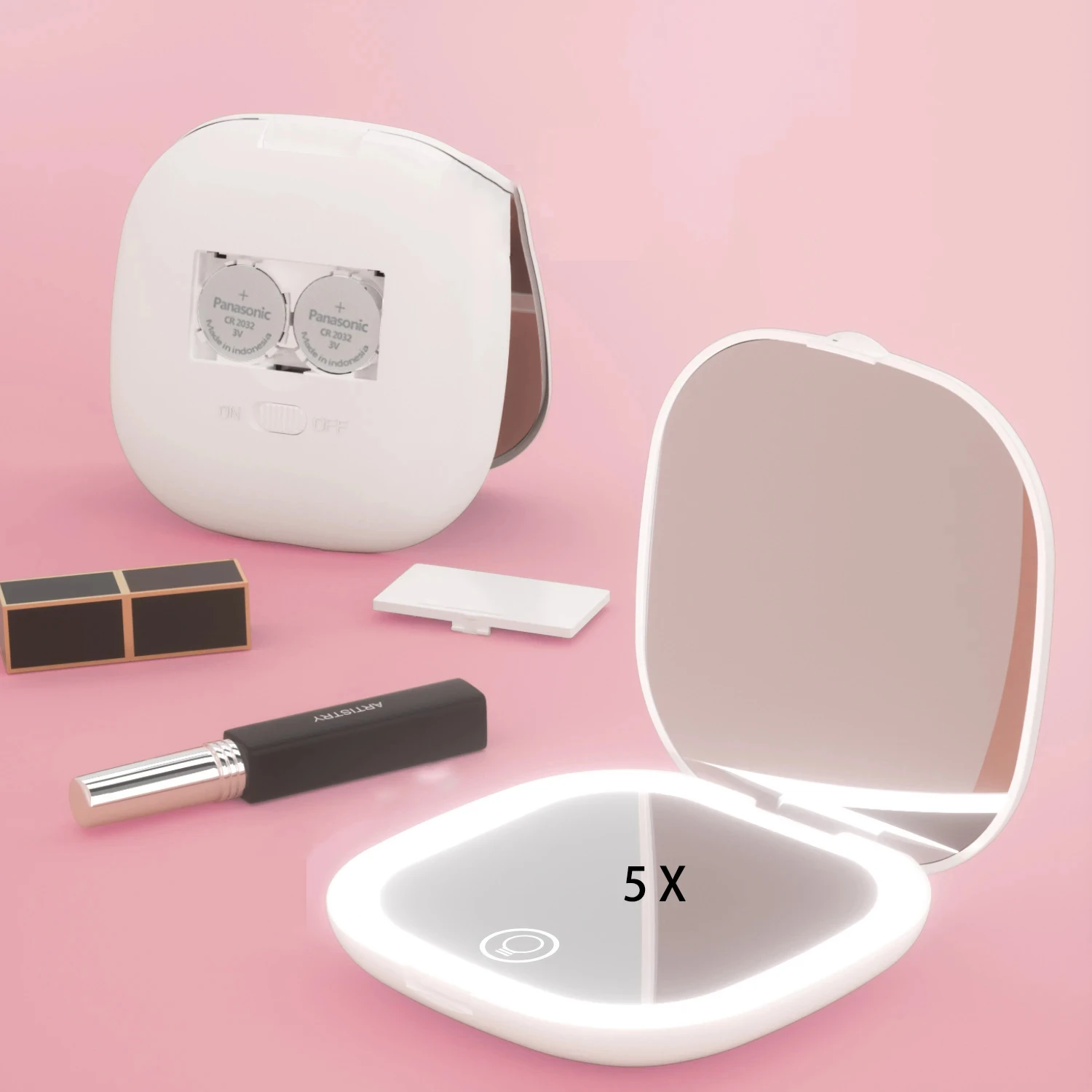 

Компактное мини-зеркало для макияжа со светодиодной подсветкой и увеличением 5X, маленькие карманные портативные дорожные розовые черные складные косметические зеркала для туалетного столика