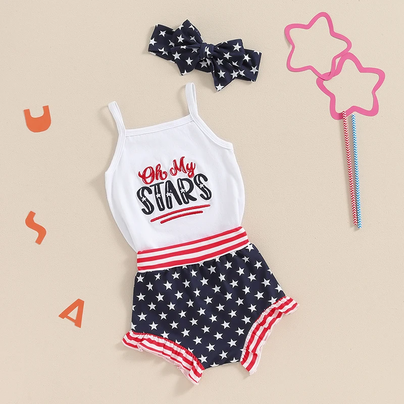 

4th Of July Baby Girl Outfit Newborn My First Fourth Of July Romper bloomer Shorts headband Set Clothes