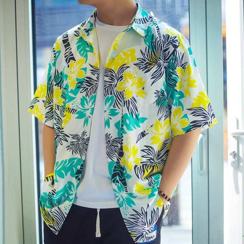 

Men Summer Short Sleeve Shirt Button Up Flower Print Palm Shirts Boys Plus Size Holiday Hawaiian Beachwear Xxxl Korean Outerwear