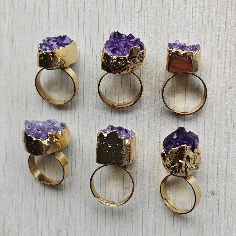 

New Fashion Natural amethyst stone round Finger Adjustable Rings inside diameter 18mm for women men Minimalist Jewelry Gifts