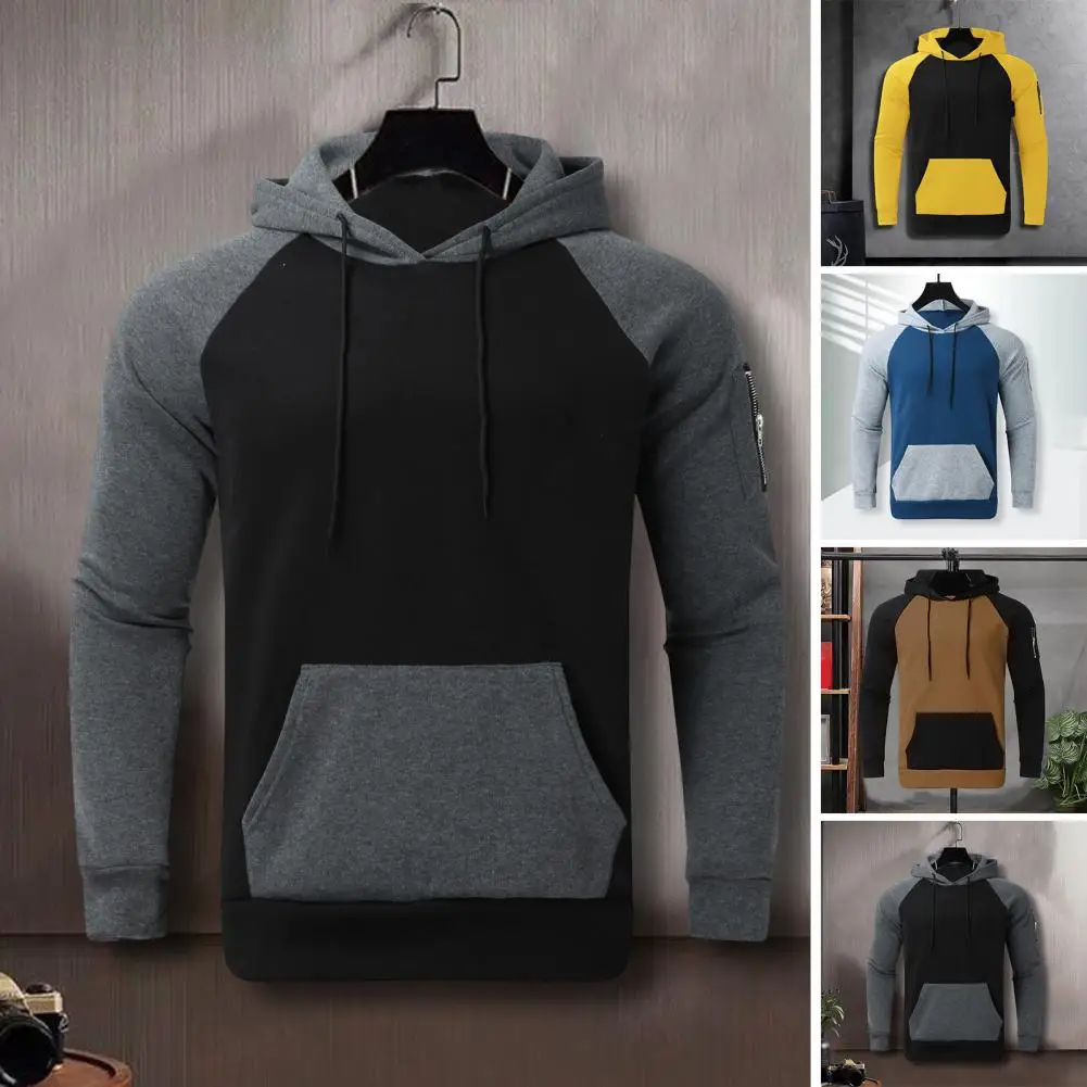 

Pullover Hoodie Men's Plush Colorblock Hoodie Warm Winter Sweatshirt with Zipper Decor Big Patch Pocket for Casual Sports Casual