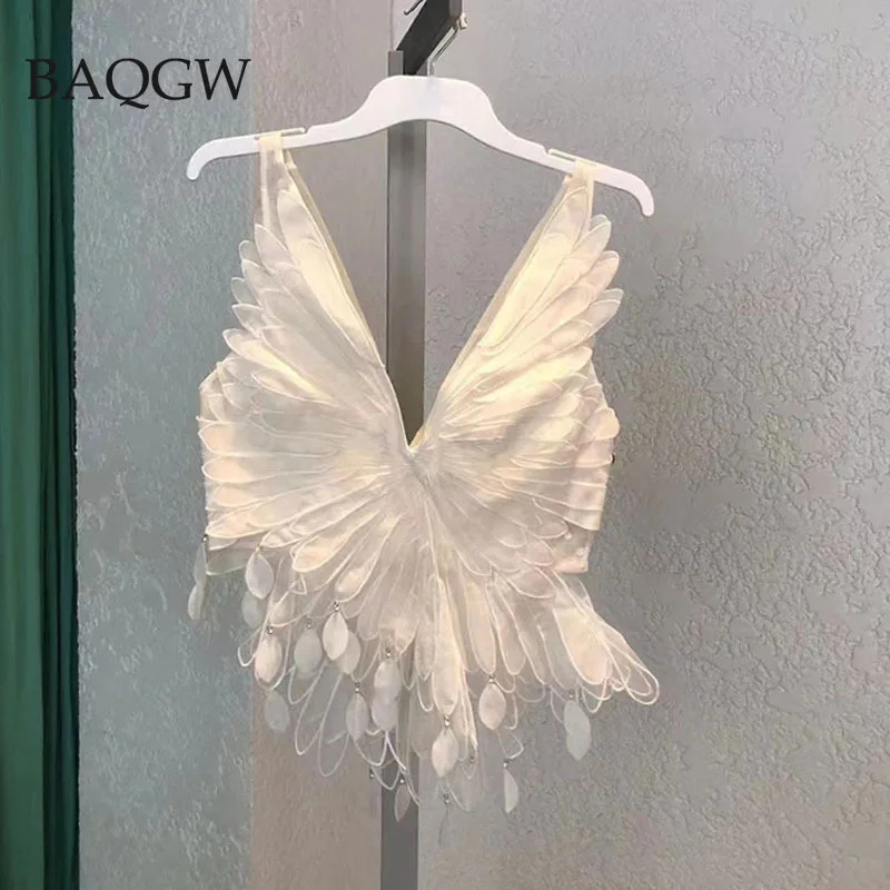 

BaQGW Women Top Luxury Design Spaghetti Strap Star Feather Shape Sequined Patchwork Hollow Out Sexy Short Asymmetric Vest Tanks