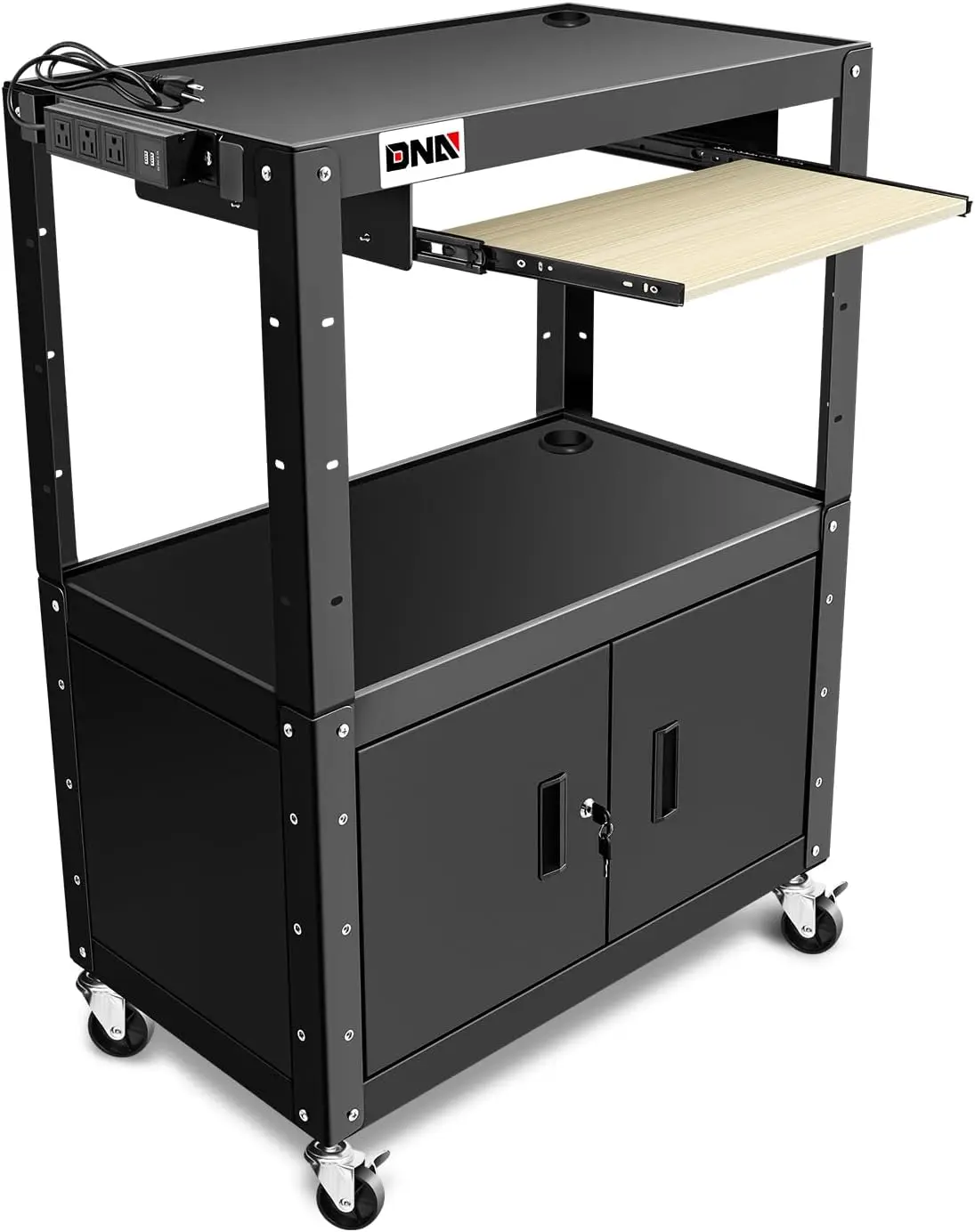 

DNA MOTORING Steel AV Cart with Extra Storage Cabinet, 30.8" x 18" x 22"-42" Height Adjustable Rolling Projector Utility Cart,