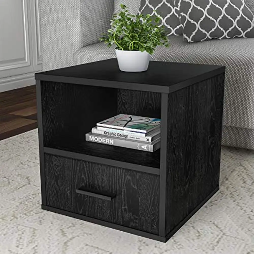 

Contemporary Modular Cube Accent Table Drawer Wood Grain Finish Home Office Sturdy Design Stackable Easy Assembly Chic Living