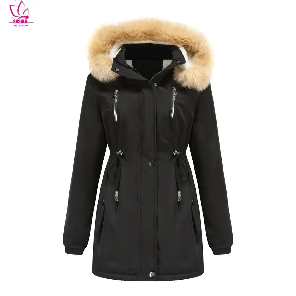 

SUSOLA Women's Faux Woolen Fleece Trench Coat, The Overcoat with Detachable Fur Collar