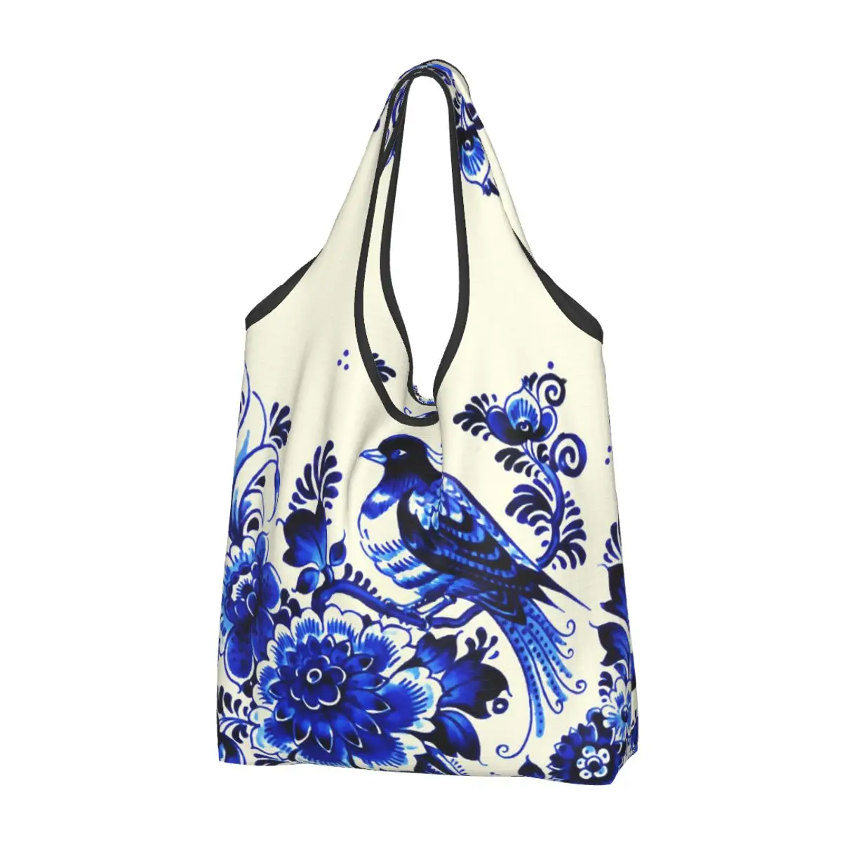 

Blue Delft Porcelain Oriental Toile Shopping Bag Reusable Grocery Eco Bags Large Capacity Recycling Bags Washable Handbag