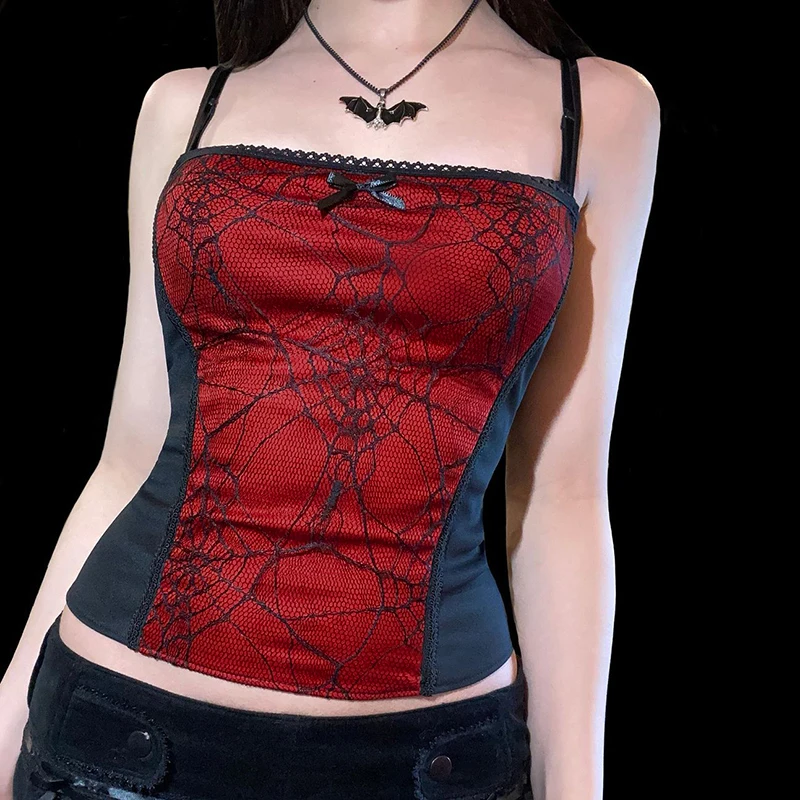 

Web Tube Hot Sexy Lace Straps YK2 Gothic Dark Style Summer Women Slim Waist Halter Crop Tank Top Fashion Camisole Spider Tops