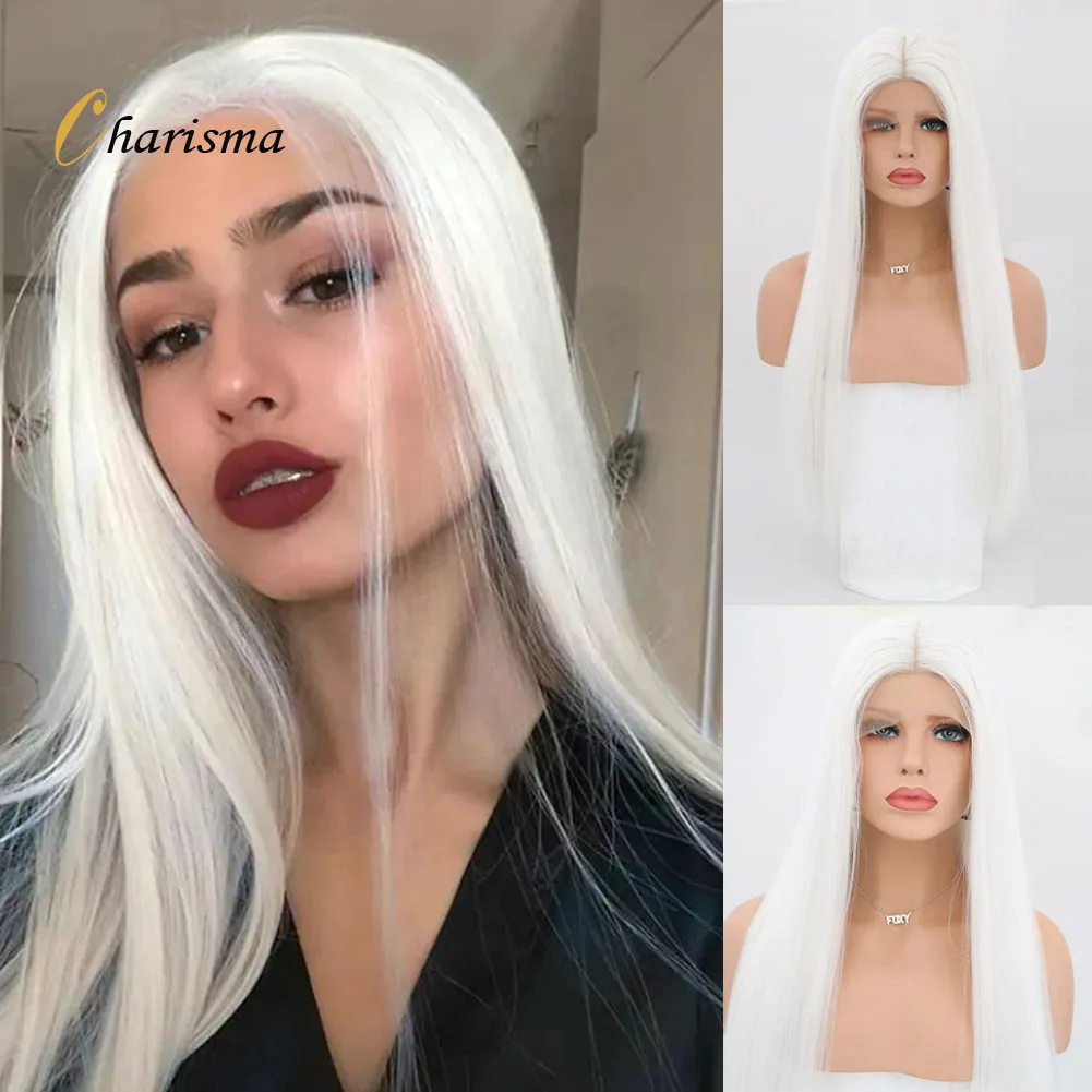 

Charisma Synthetic Lace Front Wig 30 Inches Long Silky Straight Hair Pre Plucked Hairline Synthetic Wigs for Women White Blonde