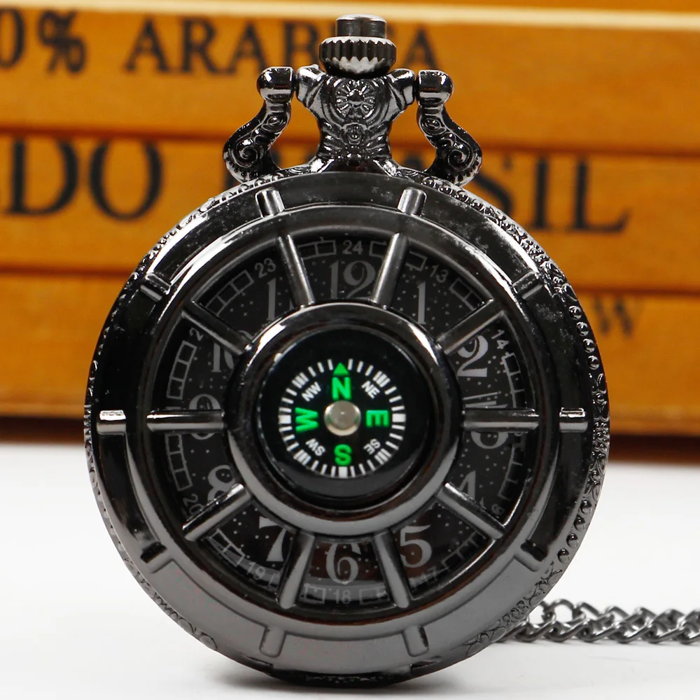 

Compass Design Hollow out Quartz Pocket Watch Vintage Steampunk Black Men's Pendant Clock Gifts retroid pocket 3