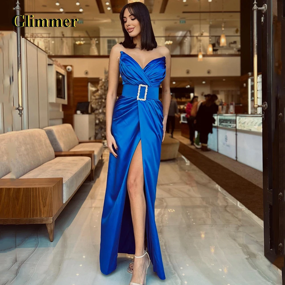 

Glimmer Fashionable V-neck Evening Dresses For Wedding Satin Pleat Slit Trumpet Rhinestones Sleeveless Belt Zipper Abendkleider