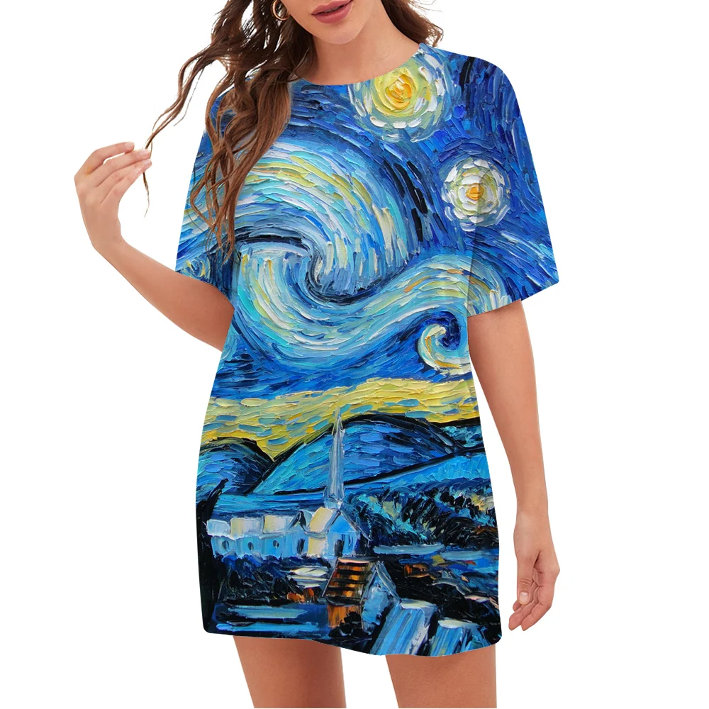 

CLOOCL Women T Shirt New Stitched Shirt Van Gogh's The Starry Night 3D Printed Oversized Tee Cozy Summer Tops Vintage Clothing