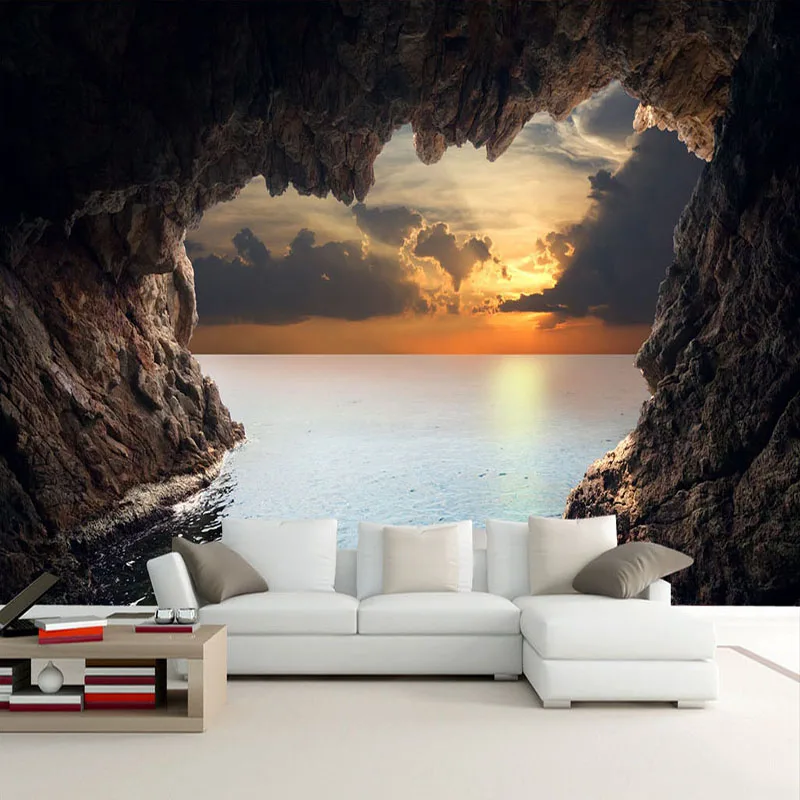 

Custom Photo Wallpaper 3D Stereoscopic Cave Seascape Sunrise TV Background Modern Mural Wallpaper Living Room Bedroom Wall Art