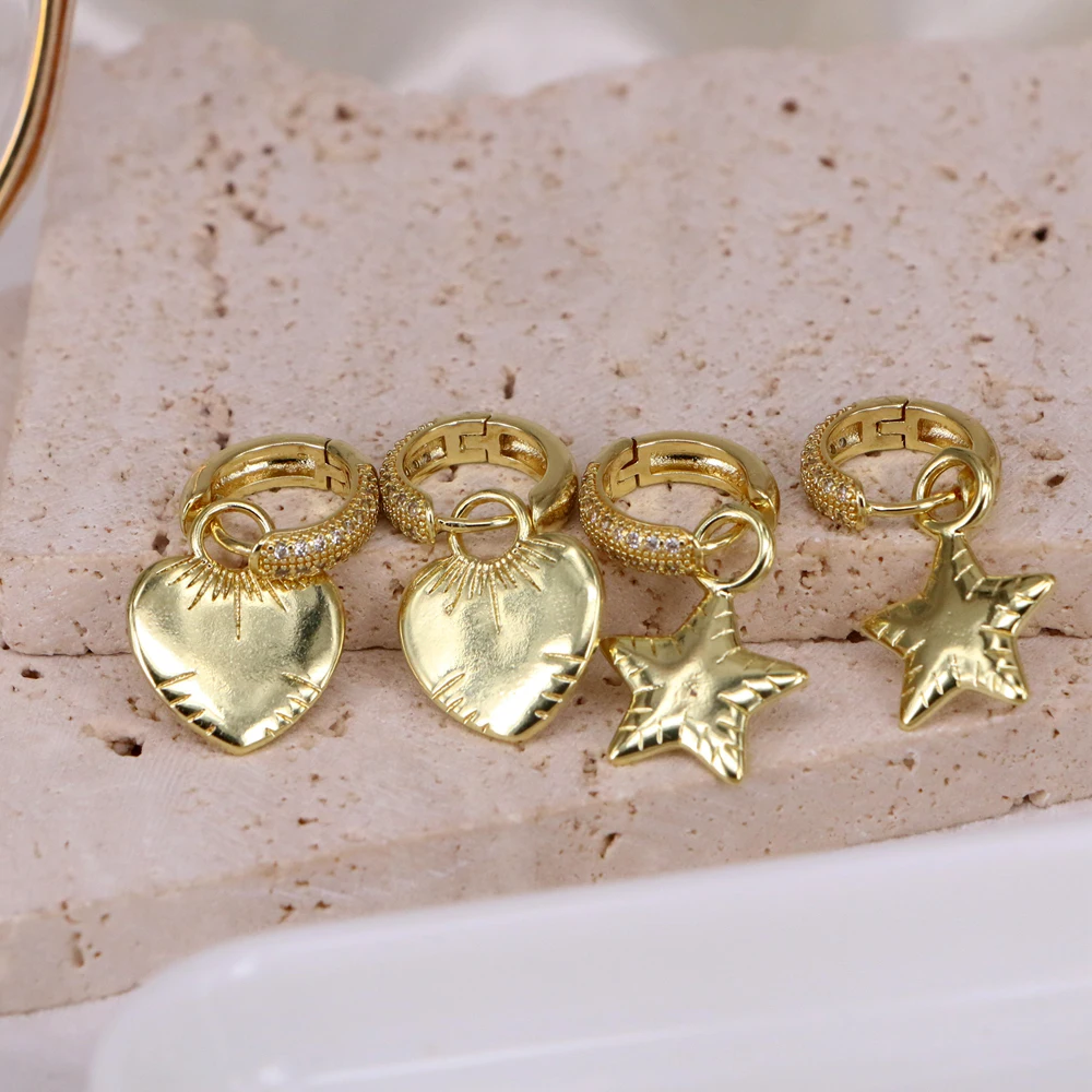 

5 Pairs, Star Heart Pendant Drop Hoop Huggie Earrings 18k Gold Plated Trendy Fashion Charm Zircon Jewelry