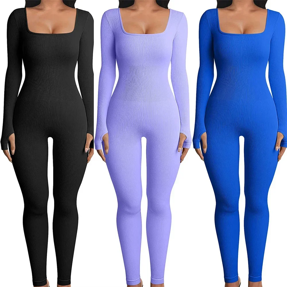 

Women Jumpsuit Skinny Solid Color Ribbed Knit Long Sleeve Square Neck Jumpsuit Romper Bodycon Playsuits Work Out Sport Yoga