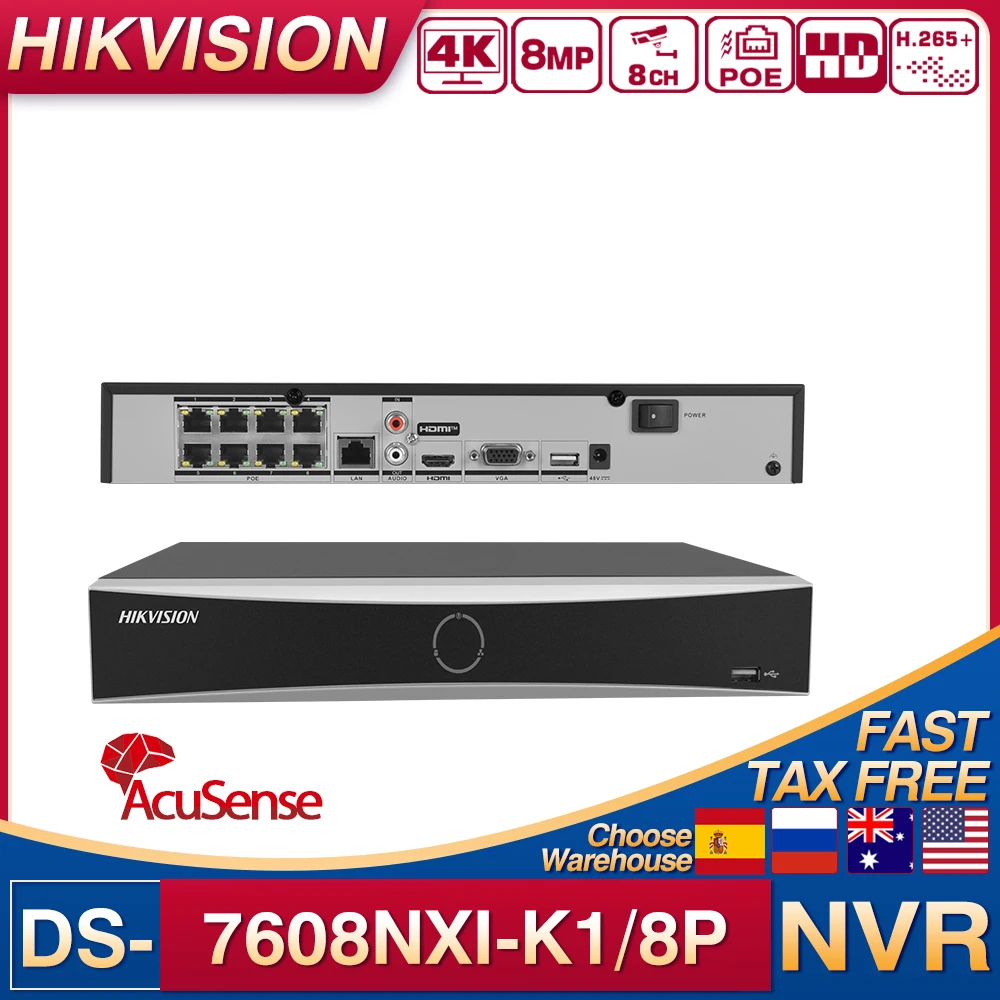 

Hikvision 8CH 1U 8POE AcuSense 4K NVR DS-7608NXI-K1/8P Защита безопасности 1SATA CCTV сетевой видеорегистратор