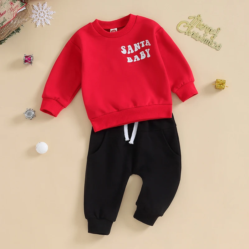 

Рождественская одежда для малышей, мальчиков, свитшот с вышивкой Санта, джемпер, эластичные брюки, Одежда для новорожденных на осень и зиму