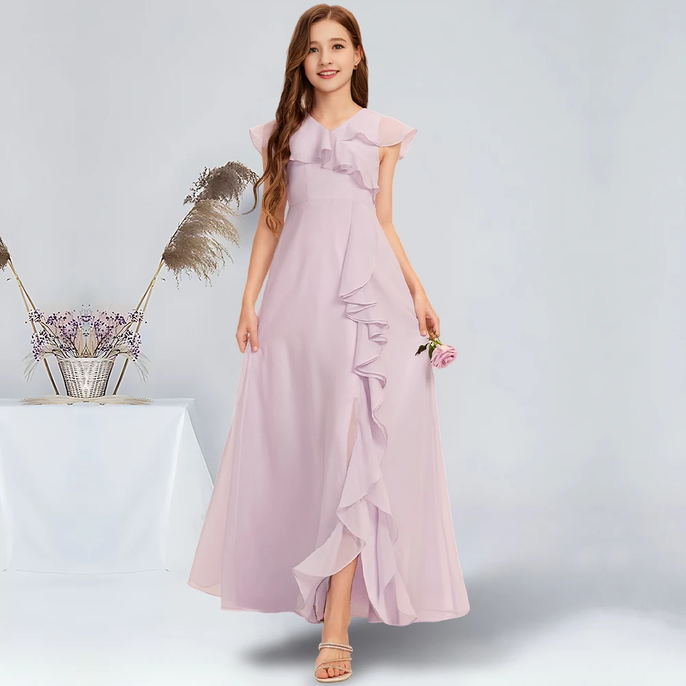 

A-line V-Neck Floor-Length Chiffon Junior Bridesmaid Dress With Cascading Ruffles Dusty Lavender Flower Girl Dress for Wedding
