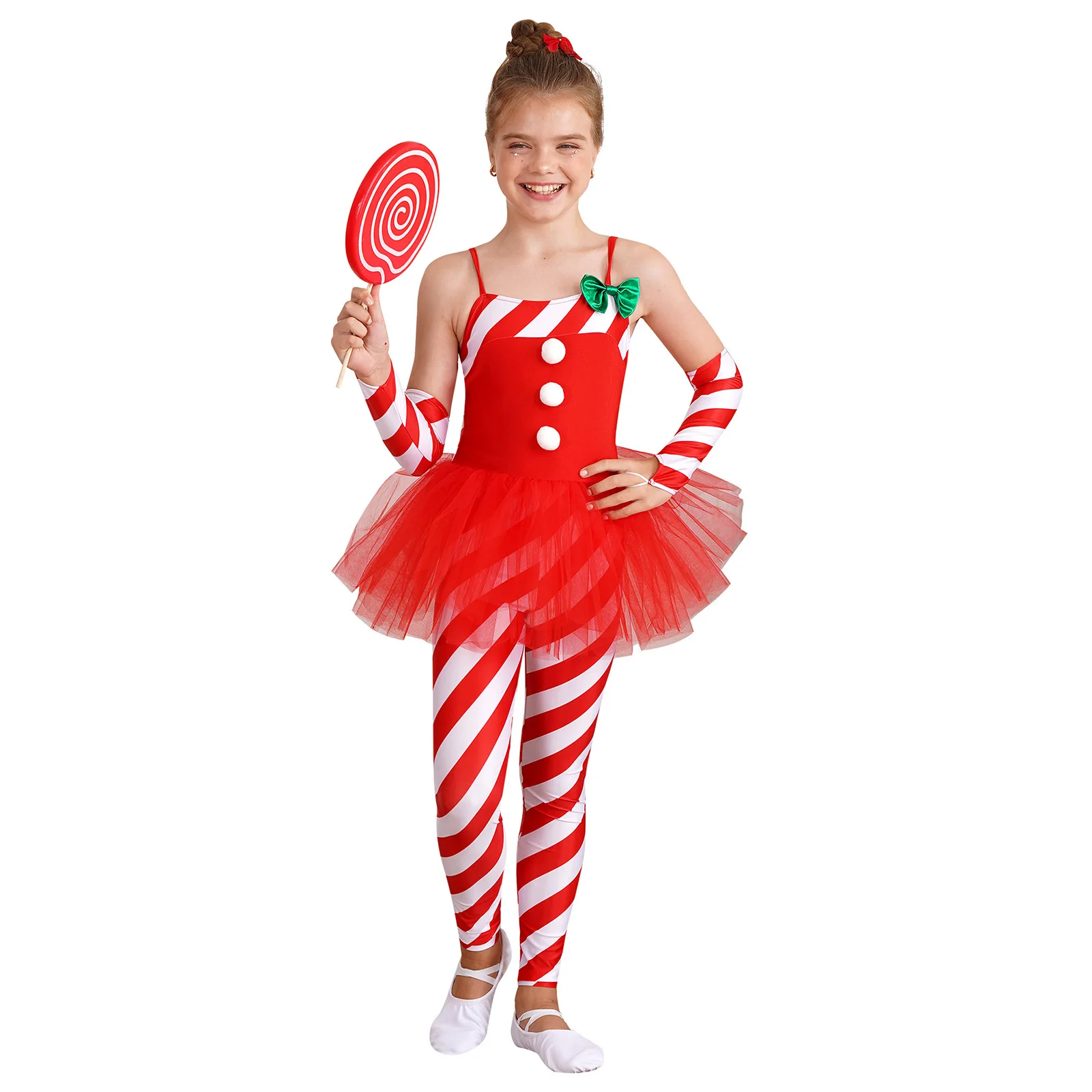 

Christmas Santa Claus Candy Cane Costume Kids Girls Party Dancewear Sleeveless Stripes Tulle Peplum Long Jumpsuit+Arm Sleeves