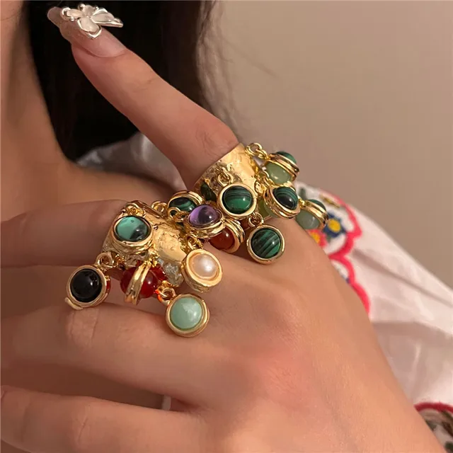 XIALUOKE-Bague Ouverte Vintage en Pierre Naturelle pour Femme, Bijoux Multi-Pendentifs en Verre Malachite, Frange de Haute Qualité, pour ixde Mariage 2