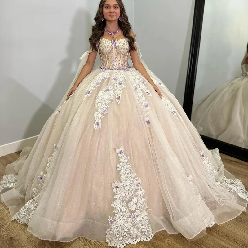 

Champagne Shiny Ball Gown Sweetheart Tulle Appliques Quinceanera Dresses Sweet 16 Dress for Juniors Vestidos De 15 Quinceanera