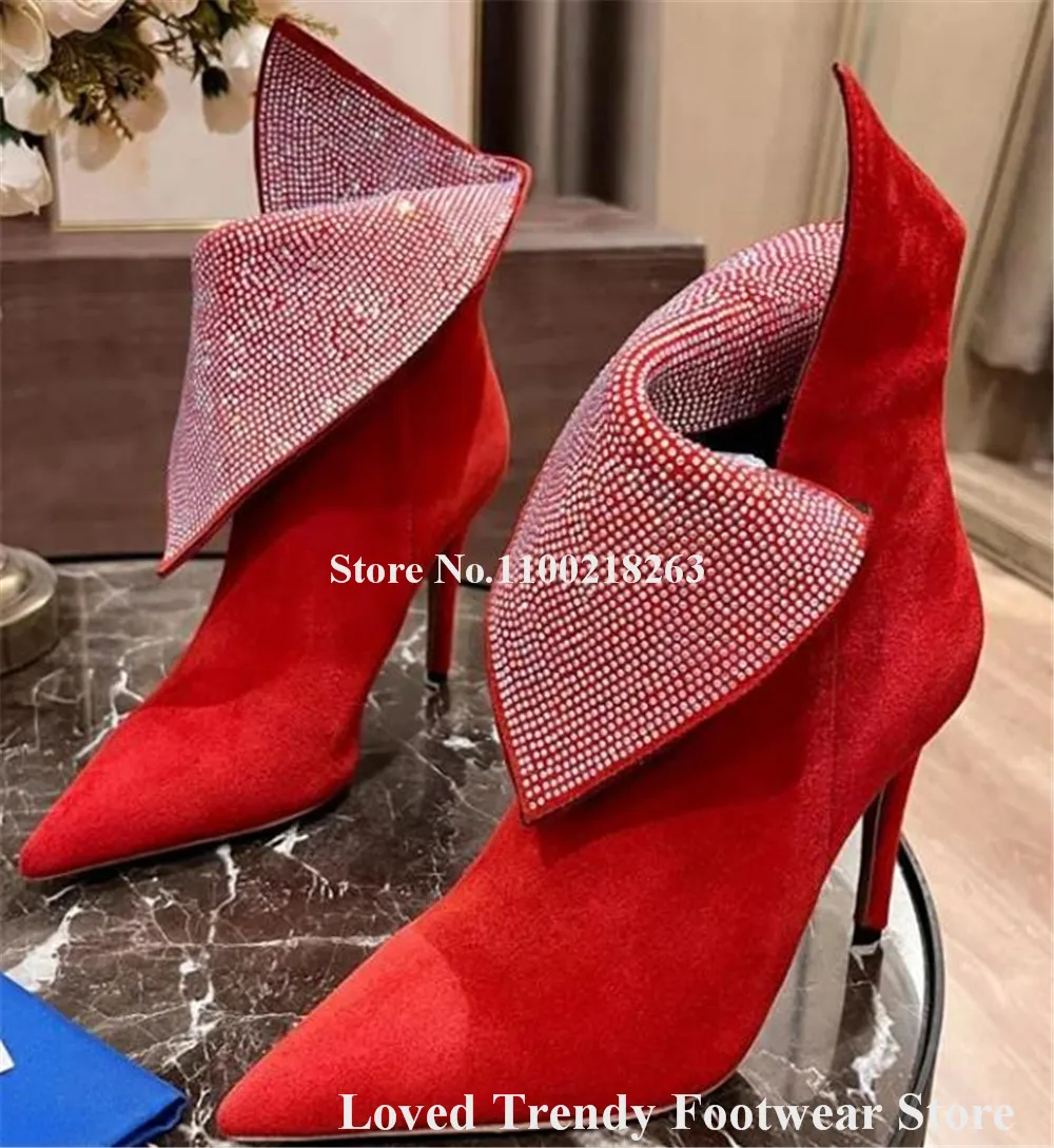 

Bling Bling Rhinestones Folded Style Stiletto Heel Short Boots Pointed Toe Red Blue Black Suede Crystals Thin Heel Ankle Booties
