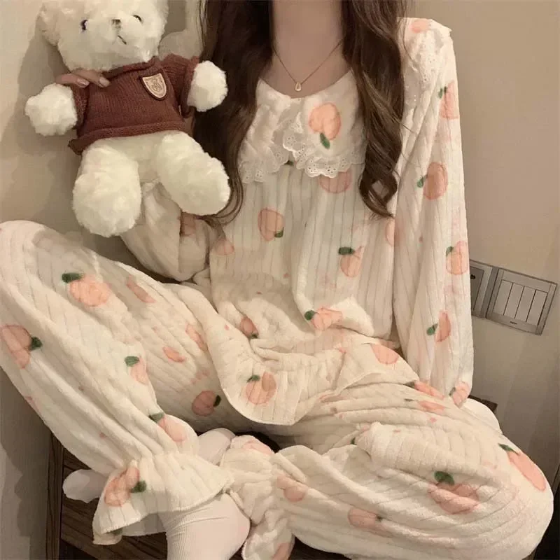 

Теплый костюм из 2 предметов, брюки, флисовая зимняя домашняя пижама, Корейская Ночная бархатная Пижама, пушистая кружевная женская пижама для сна