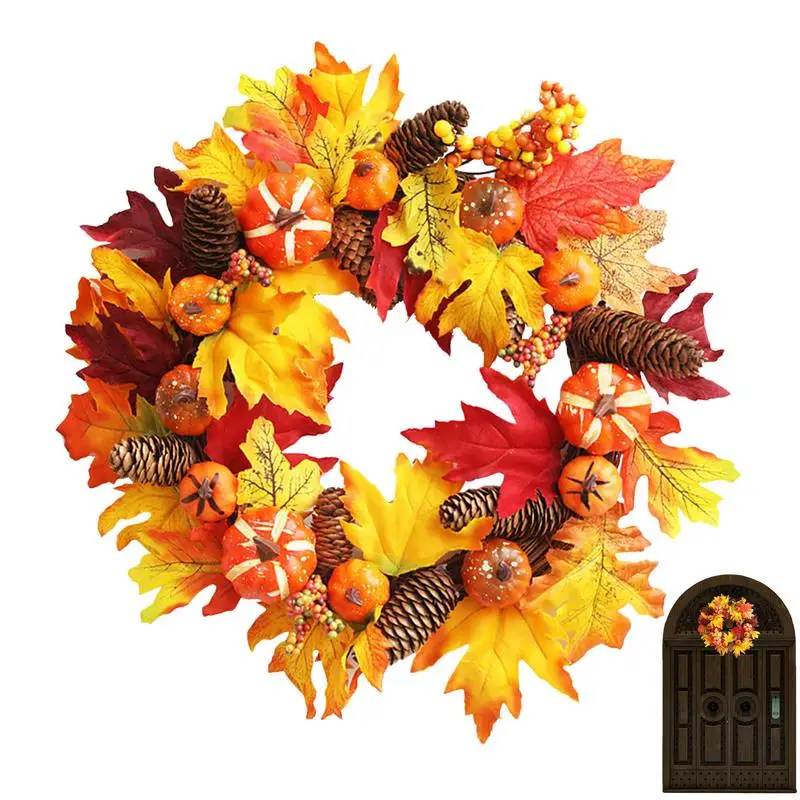 

Осенний венок, Осенние украшения, венок для входной двери, рустикальные круглые настенные венки с кленовыми листьями и тыквой на День Благодарения