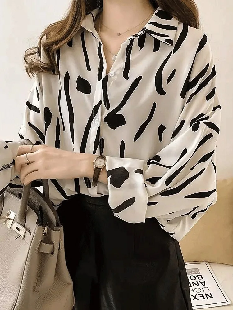 

Женская шифоновая блузка с длинным рукавом, повседневная Весенняя модная однобортная тонкая Свободная рубашка с принтом, женская одежда, W108