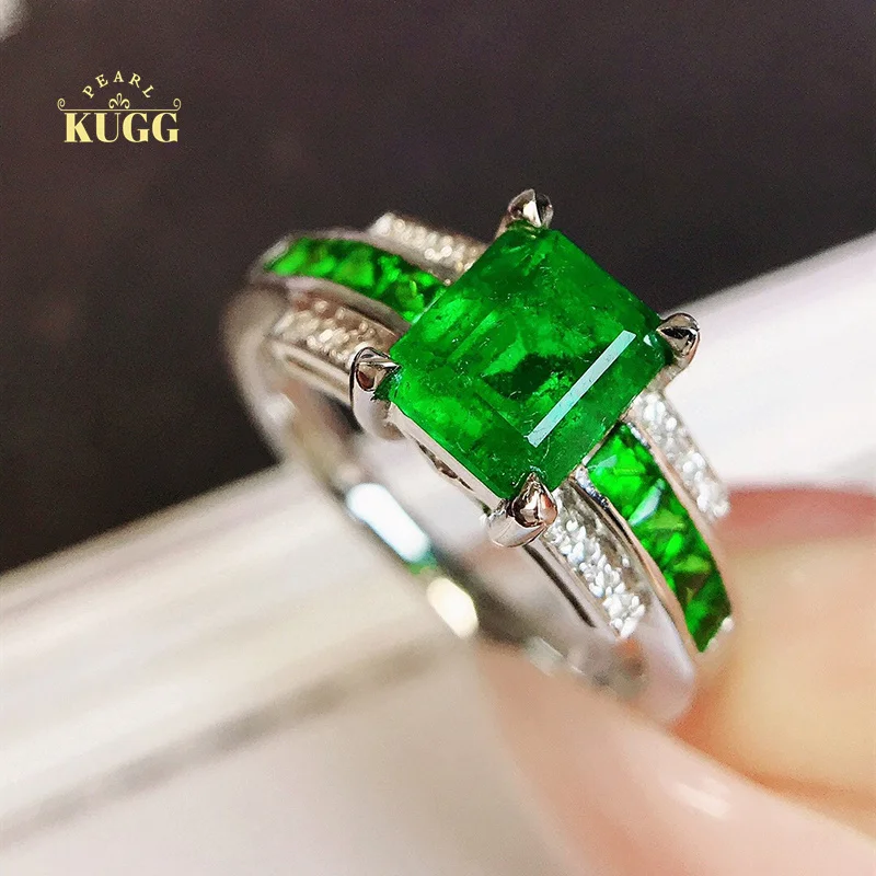 

KUGG 18K White Gold Rings Fashion Mimimal Style Real Natural Emerald Luxury Diamond Gemstone Ring for Women High Party Jewelry