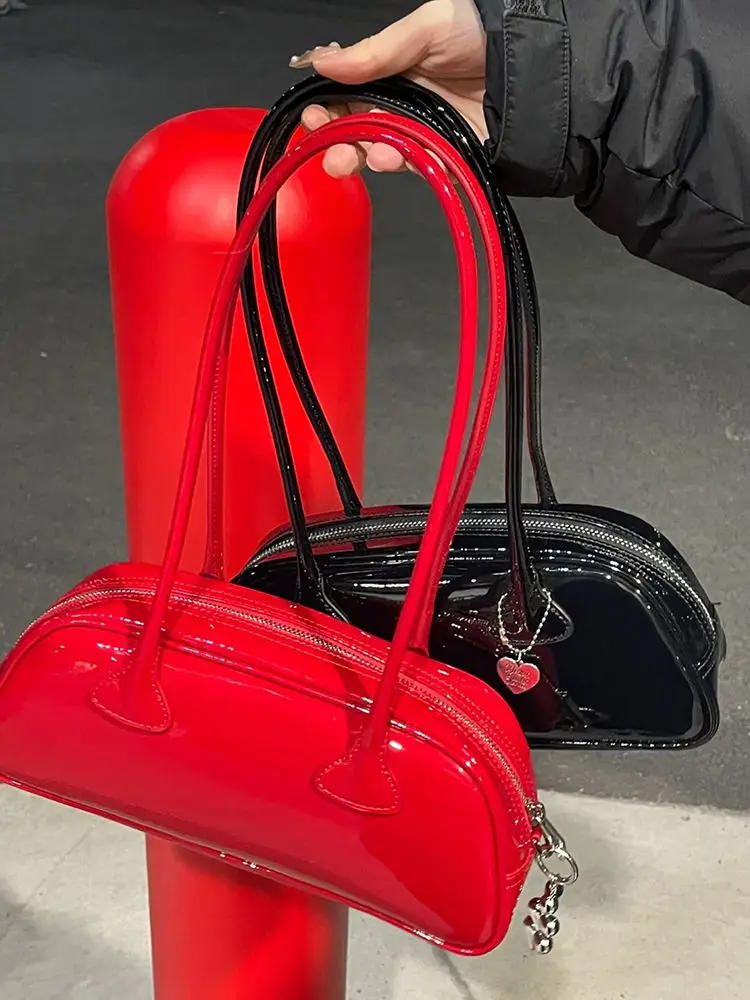 

Vintage Red Fashion Brief Underarm Bags Baguette Women Pu Leather Handbag Commuter Shoulder Bag