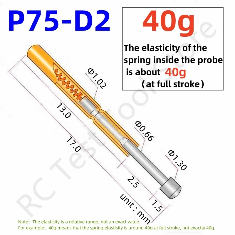 

Пружинный тестовый зонд P75-D2, 20/100 шт., тестовый контакт P75-D, никелированная круглая головка, диаметр 1,30 мм, Pogo-Pin, инструмент для тестирования печатной платы, 1,02 мм, 17,0 мм, 40 г