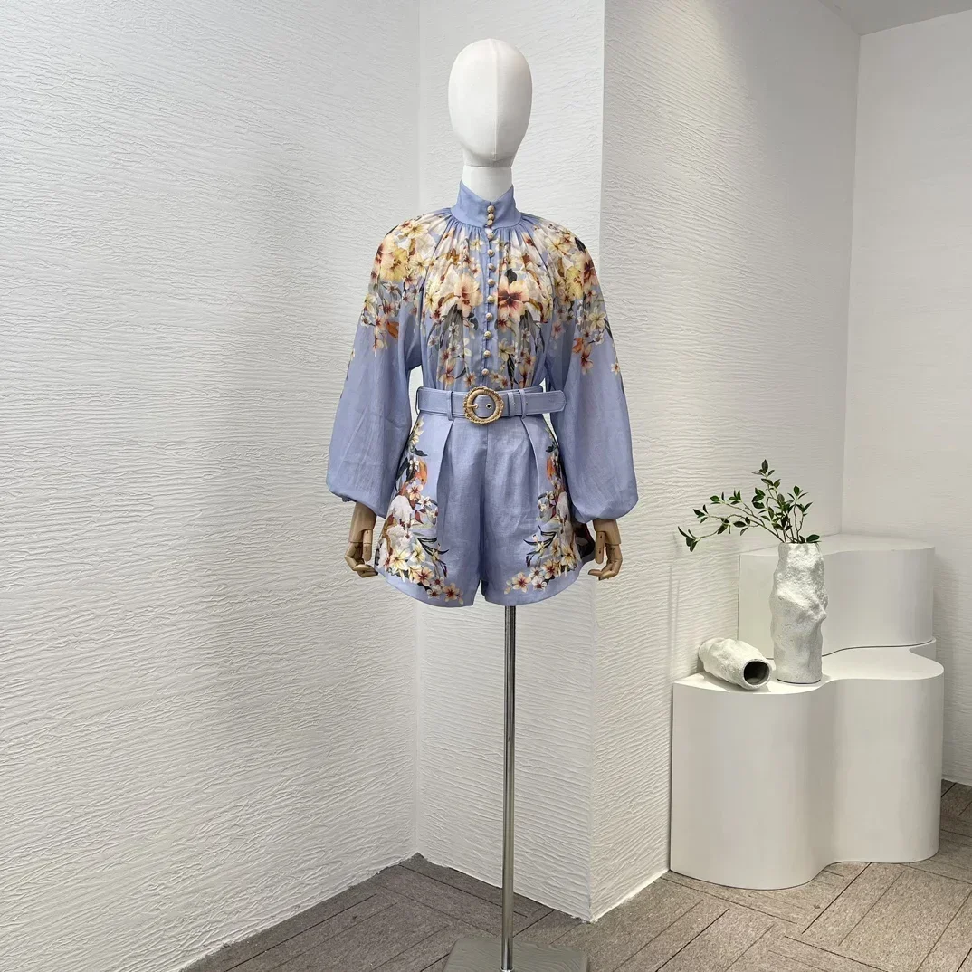 Blue Palm Floral Print Ramie Long Sleeve Buttons Blouse and High Waisted Linen Removable Wide Fabric Belt Shorts Women Set
Blue Palm Floral Print Ramie Long Sleeve Buttons Blouse and High Waisted Linen Removable Wide Fabric Belt Shorts Women Set