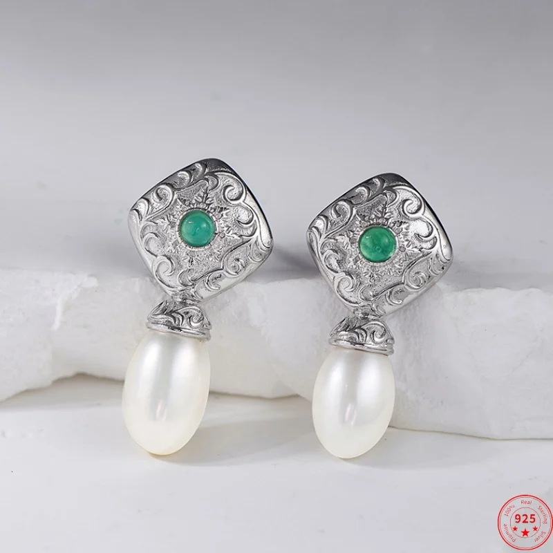 

S925 Sterling Silver Charms Studs Earrings for Women New Fashion Eternal Rattan Pattern Pearl Agate Ear Studs Free Shipping