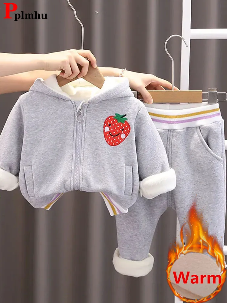 

Velvet Lined Hooded Coat Kids Conjunto Winter Warm Thick Print Girl Outfit Plush Thicken Jogger Sweatpants Children 2 Piece Sets