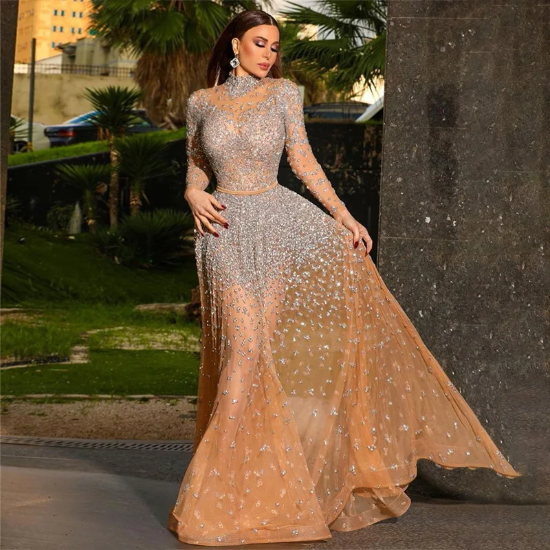 

2023 New fashion sexy gilded sequin decoration night party style long sleeved long skirt women evening dress nightclub