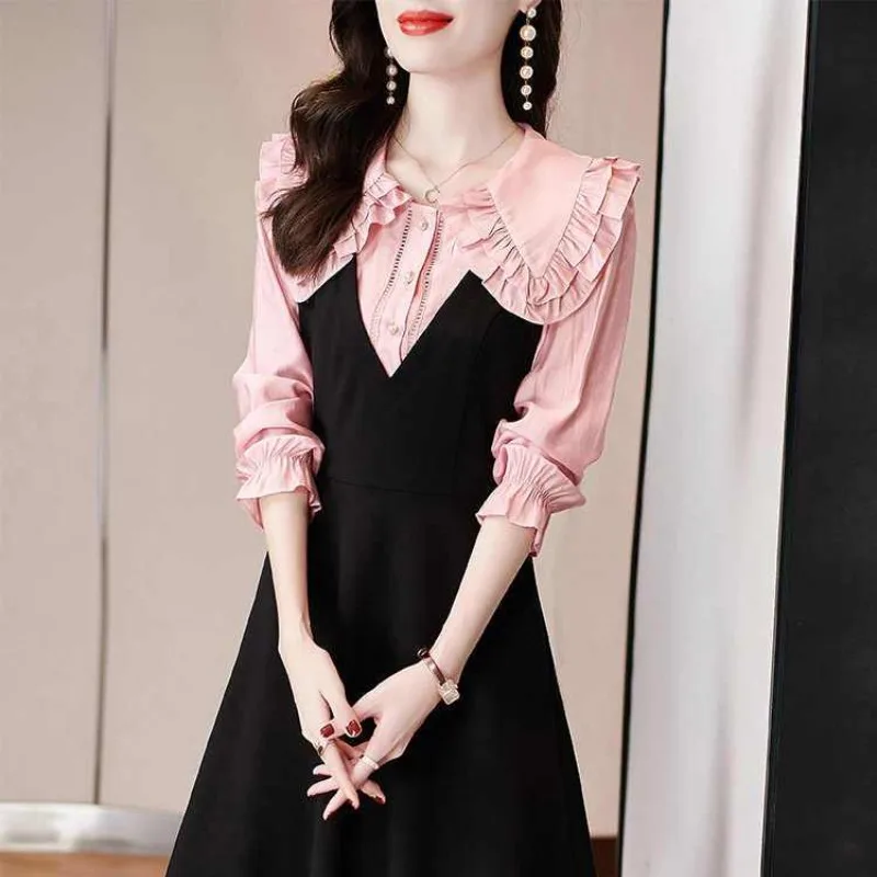 Women's Spring Autumn Elegant Polo Neck Long Sleeve Pullover Fake Two Piece Casual Versatile Western Commuting Comfortable Dress
Women's Spring Autumn Elegant Polo Neck Long Sleeve Pullover Fake Two Piece Casual Versatile Western Commuting Comfortable Dress