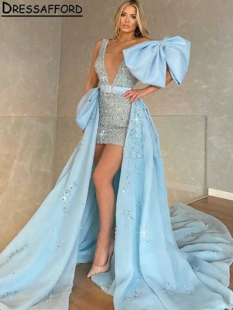 

Light Blue Beading Crystal Big Bow Dubai Evening Dress Detachable Train Deep V-Neck Saudi Arabic Formal Party Gown