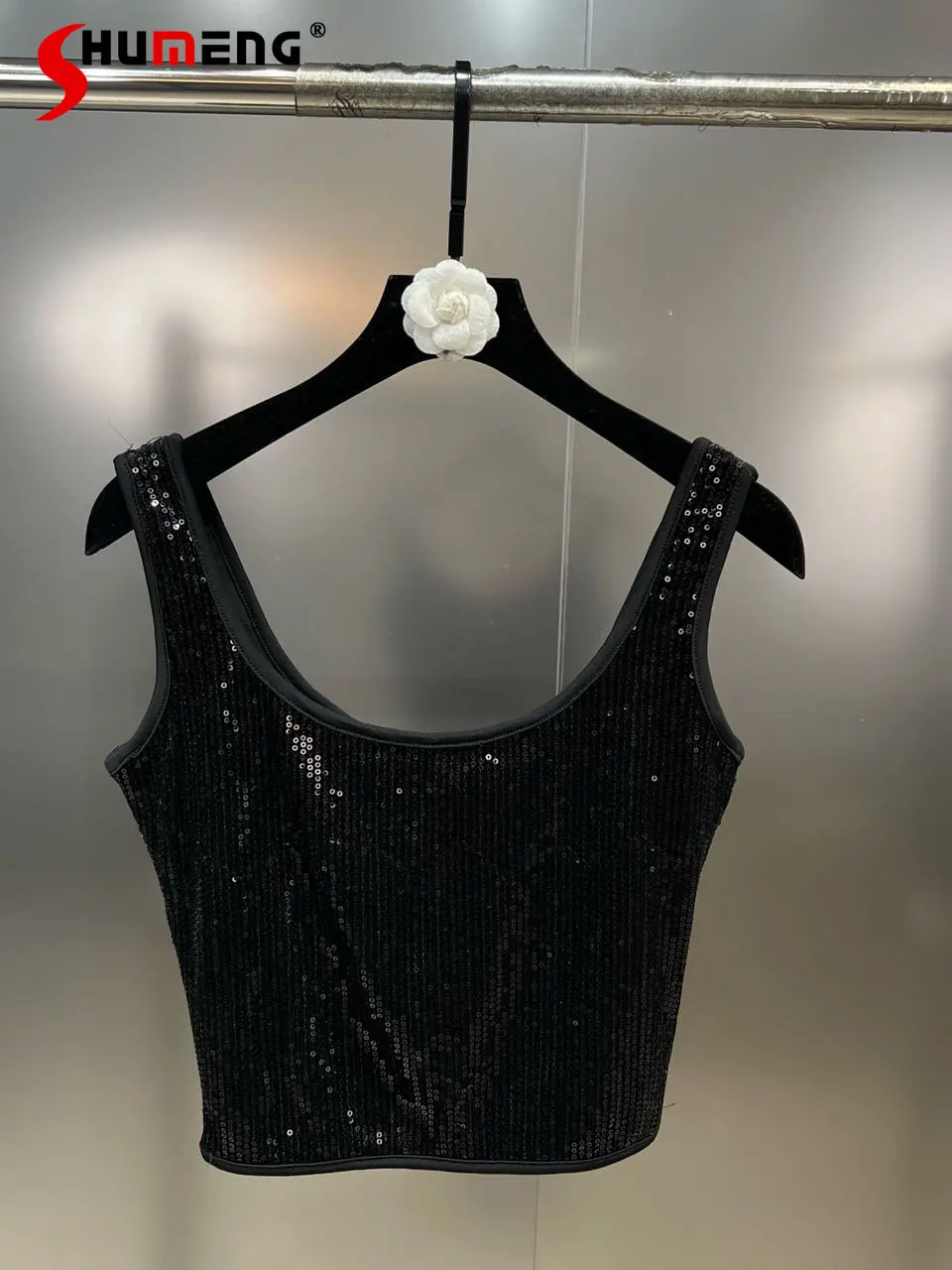 

2023 Spring Summer Sleeveless Black Vest Women's Heavy Industry Bingbing Full Body Sequined Hot Girl Short Crop Tops Outer Wear