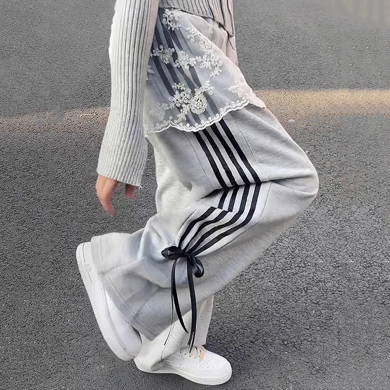 

Womens Stripe Wide Leg Pants 2024 Spring Summer Lace Up Bow Y2k Casual High Waist Female Trouser Sweatpants