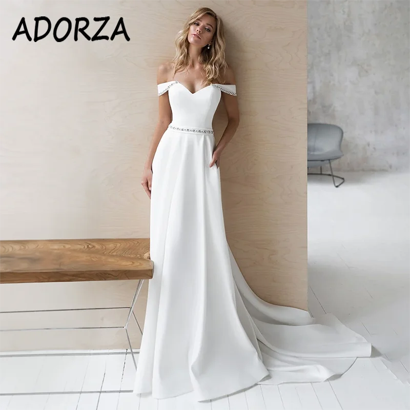 

ADORZA Wedding Dress Simple Satin Beaded Sweetheart Bridal Gown Pockets Off-the-shoulder Court Train Vestido De Noiva for Bride