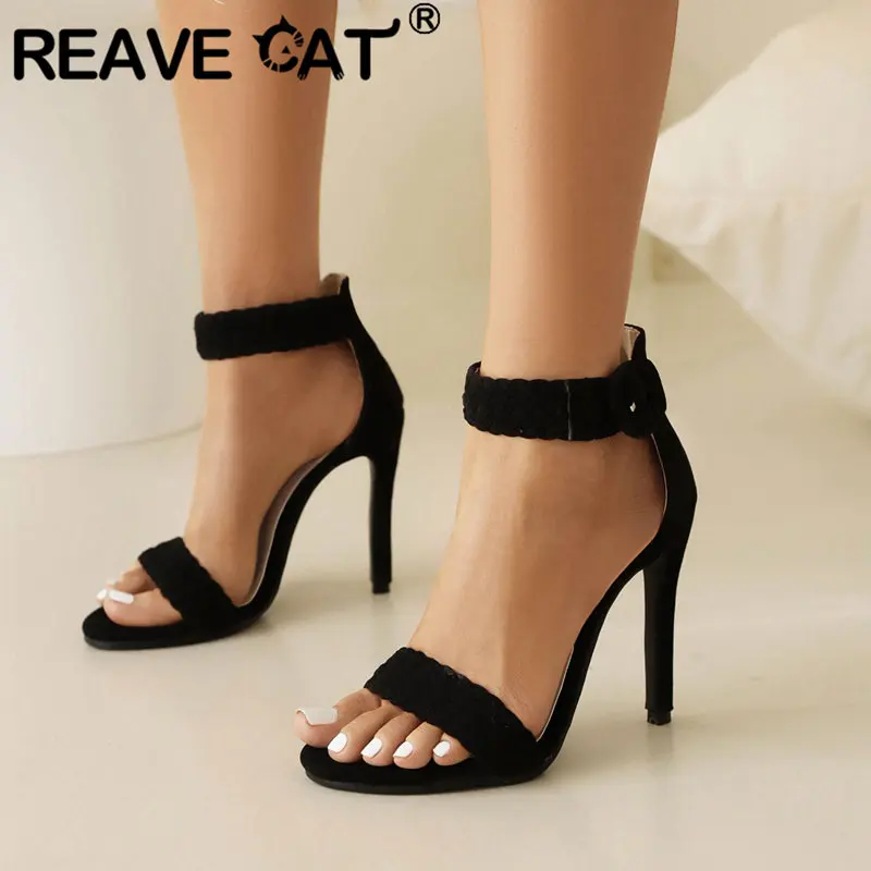 

REAVE CAT Design Women Sandals Peep Toe Thin Heels 11cm Buckle Strap Flock Suede Large Size 45 46 47 48 Sexy Dating Female Shoes