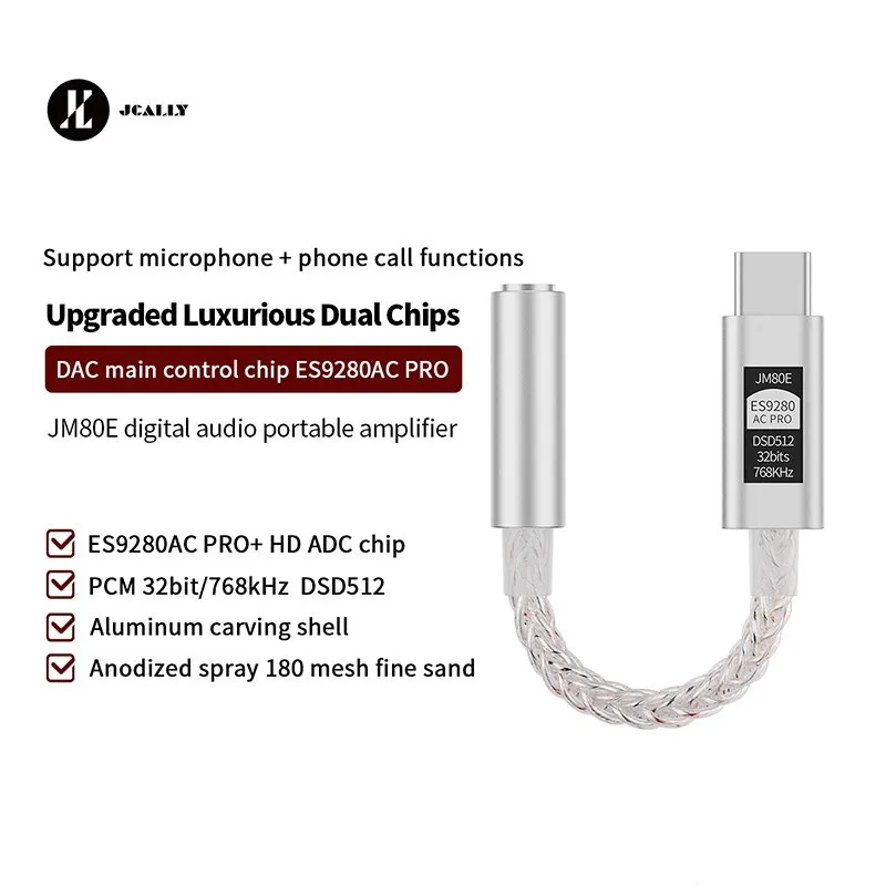 JCALLY JM80E ES9280AC PRO DAC Chip Digital Audio Protable Amp Type C to 3.5mm PCM 32 bit/768kHz DSD512 Support Mic Phone Call
JCALLY JM80E ES9280AC PRO DAC Chip Digital Audio Protable Amp Type C to 3.5mm PCM 32 bit/768kHz DSD512 Support Mic Phone Call